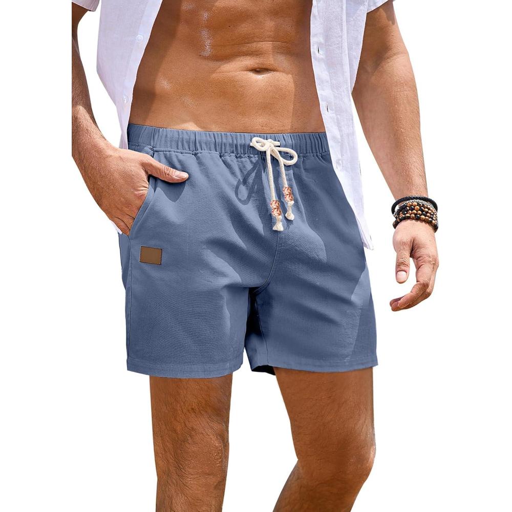 imageJMIERR Mens Casual 5quot 7quot Cotton Linen Shorts  Elastic Waist Drawstring Summer Beach Shorts with PocketsIvy