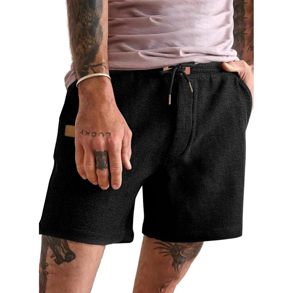 imageJMIERR Mens Casual 5quot 7quot Shorts Waffle Elastic Waist Drawstring Workout Running Jogging Beach Sweat Shorts with Pockets01 Black