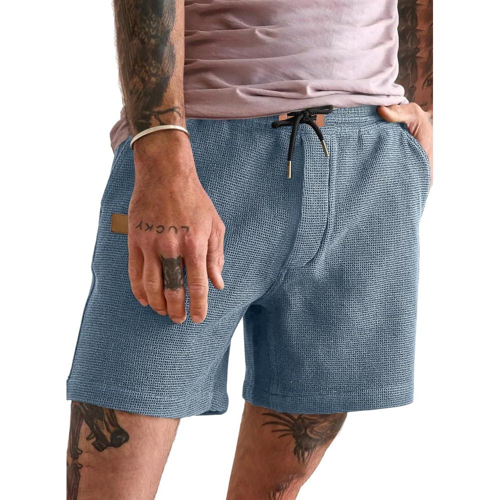 imageJMIERR Mens Casual 5quot 7quot Shorts Waffle Elastic Waist Drawstring Workout Running Jogging Beach Sweat Shorts with Pockets02 Blue