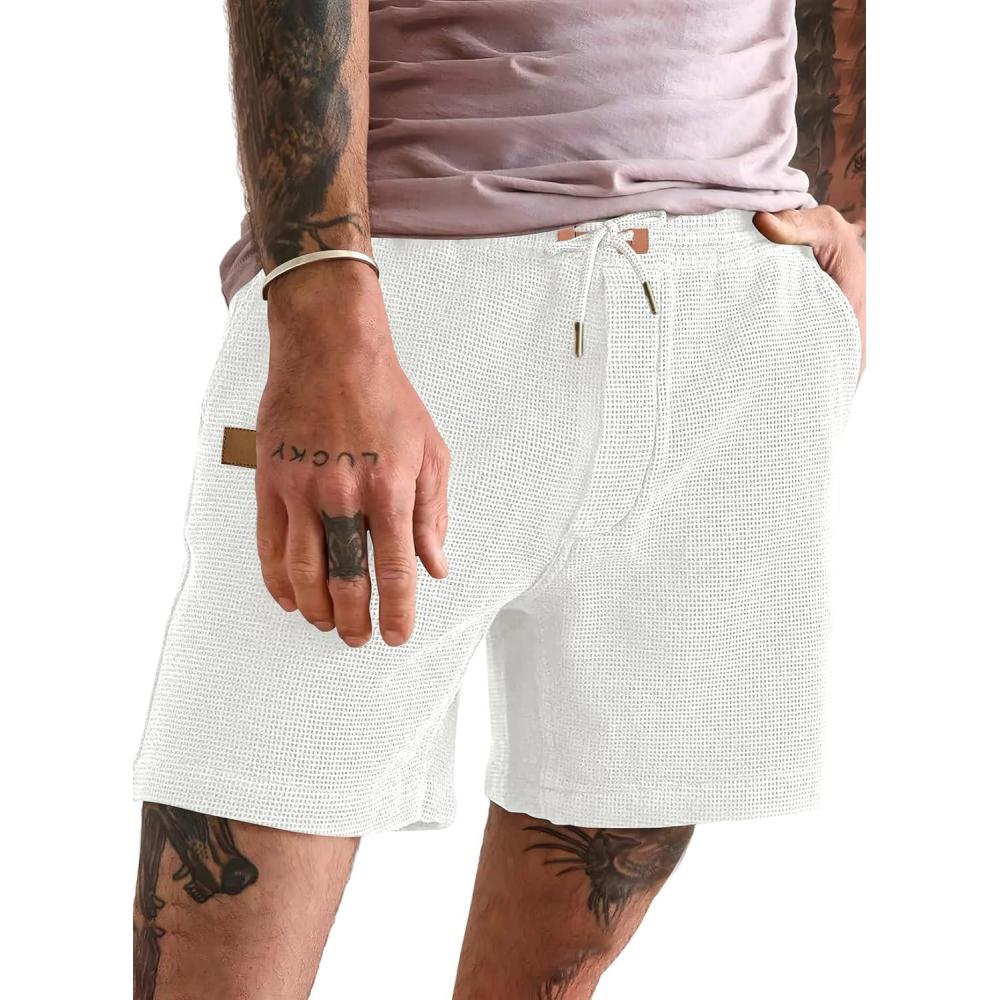 imageJMIERR Mens Casual 5quot 7quot Shorts Waffle Elastic Waist Drawstring Workout Running Jogging Beach Sweat Shorts with Pockets03 White