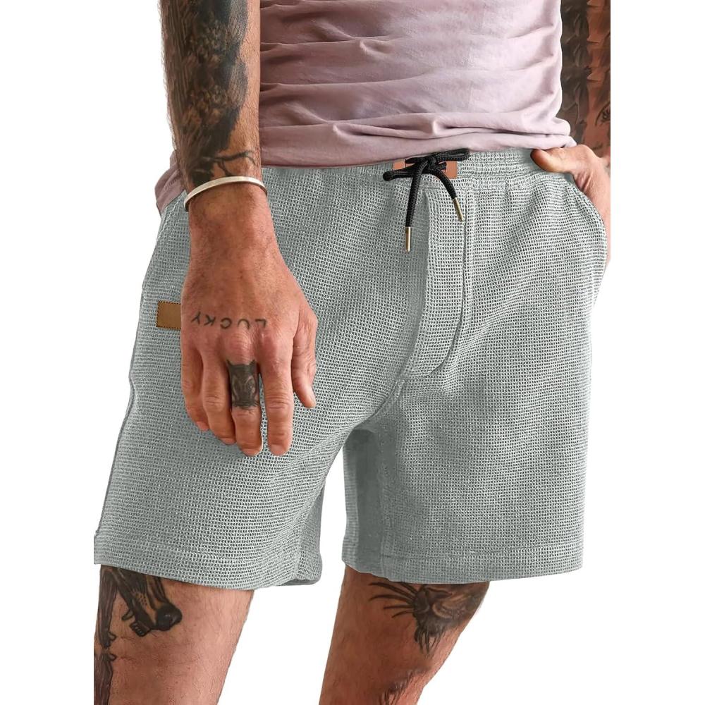 imageJMIERR Mens Casual 5quot 7quot Shorts Waffle Elastic Waist Drawstring Workout Running Jogging Beach Sweat Shorts with Pockets04 Light Grey