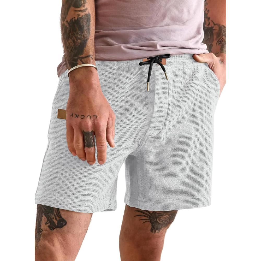 imageJMIERR Mens Casual 5quot 7quot Shorts Waffle Elastic Waist Drawstring Workout Running Jogging Beach Sweat Shorts with PocketsGrey White