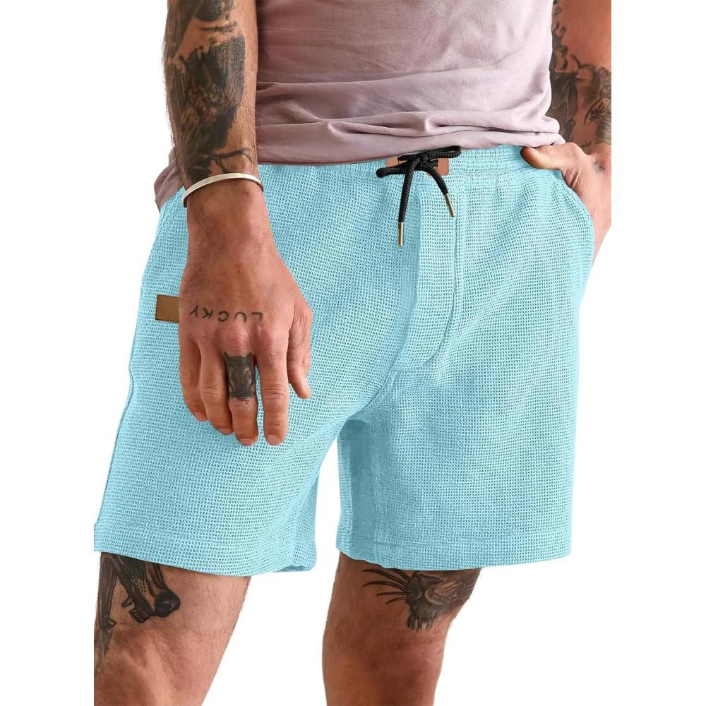 imageJMIERR Mens Casual 5quot 7quot Shorts Waffle Elastic Waist Drawstring Workout Running Jogging Beach Sweat Shorts with PocketsMist Blue