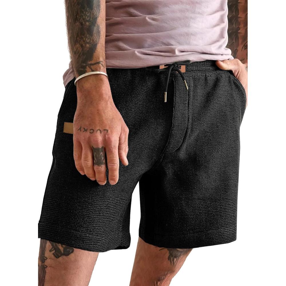 imageJMIERR Mens Casual 5quot 7quot Shorts Waffle Elastic Waist Drawstring Workout Running Jogging Beach Sweat Shorts with PocketsP Black