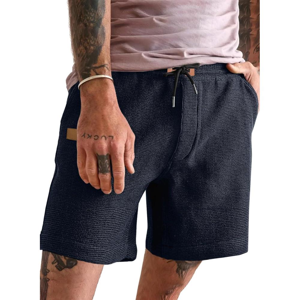 imageJMIERR Mens Casual 5quot 7quot Shorts Waffle Elastic Waist Drawstring Workout Running Jogging Beach Sweat Shorts with PocketsP Navy Blue