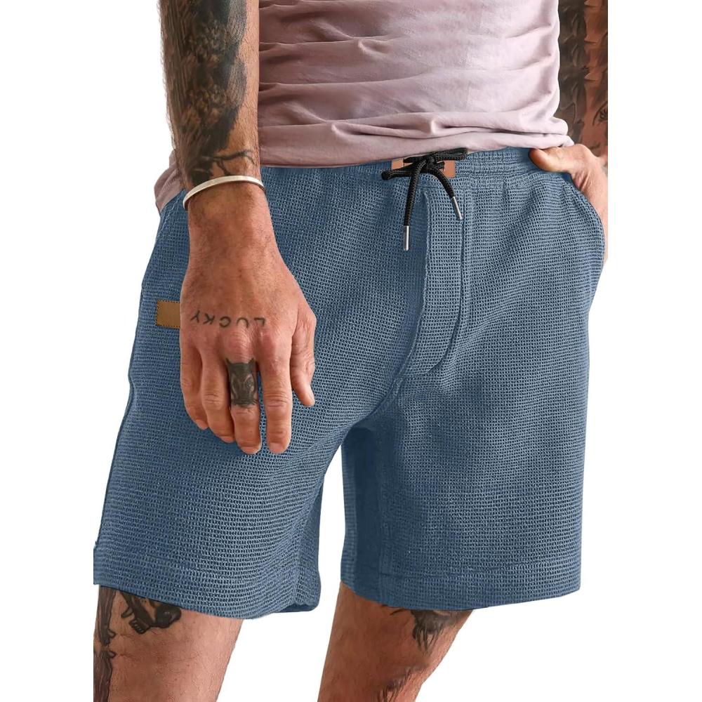 imageJMIERR Mens Casual 5quot 7quot Shorts Waffle Elastic Waist Drawstring Workout Running Jogging Beach Sweat Shorts with PocketsP Sky Blue