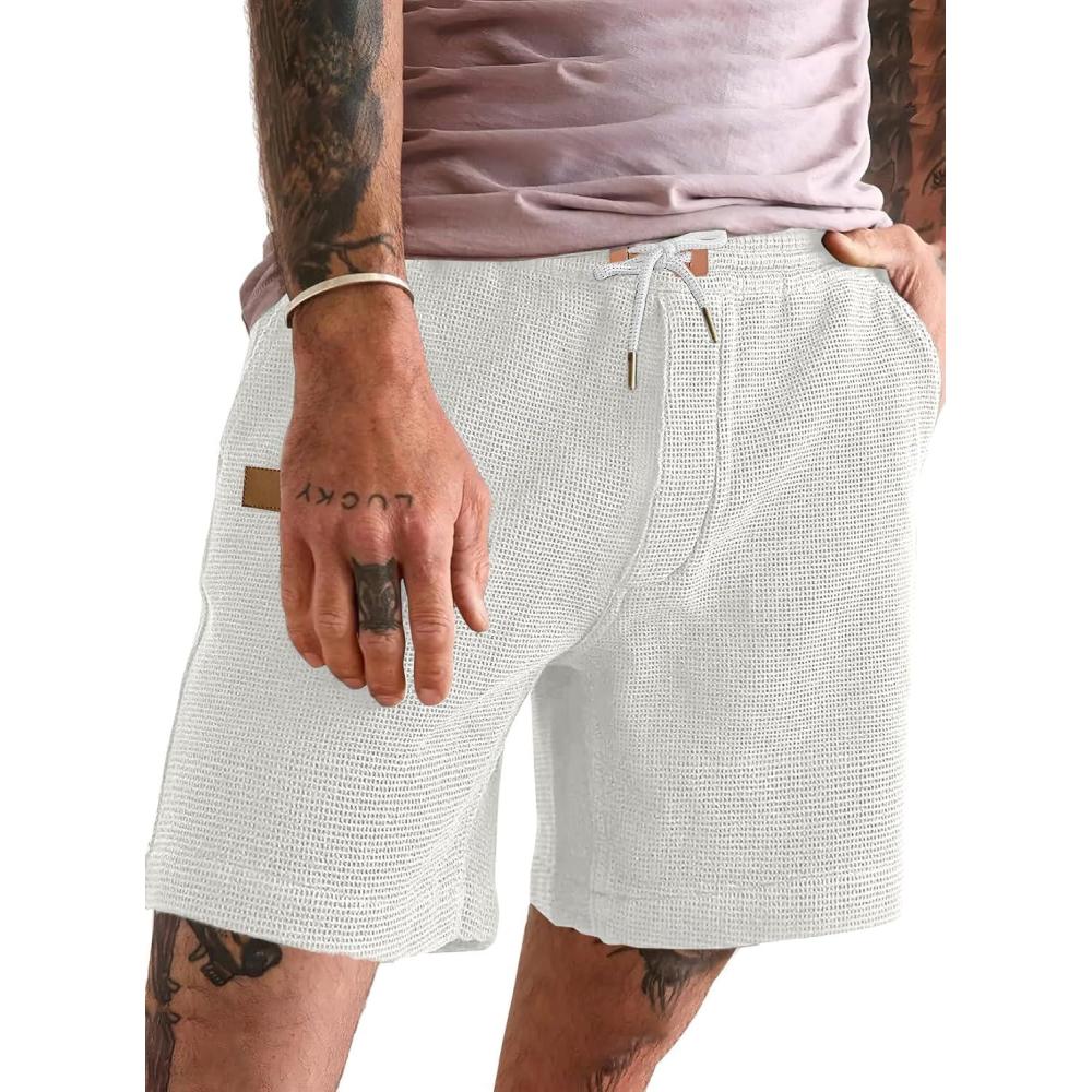 imageJMIERR Mens Casual 5quot 7quot Shorts Waffle Elastic Waist Drawstring Workout Running Jogging Beach Sweat Shorts with PocketsP White