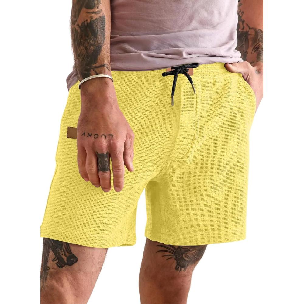 imageJMIERR Mens Casual 5quot 7quot Shorts Waffle Elastic Waist Drawstring Workout Running Jogging Beach Sweat Shorts with PocketsYellow
