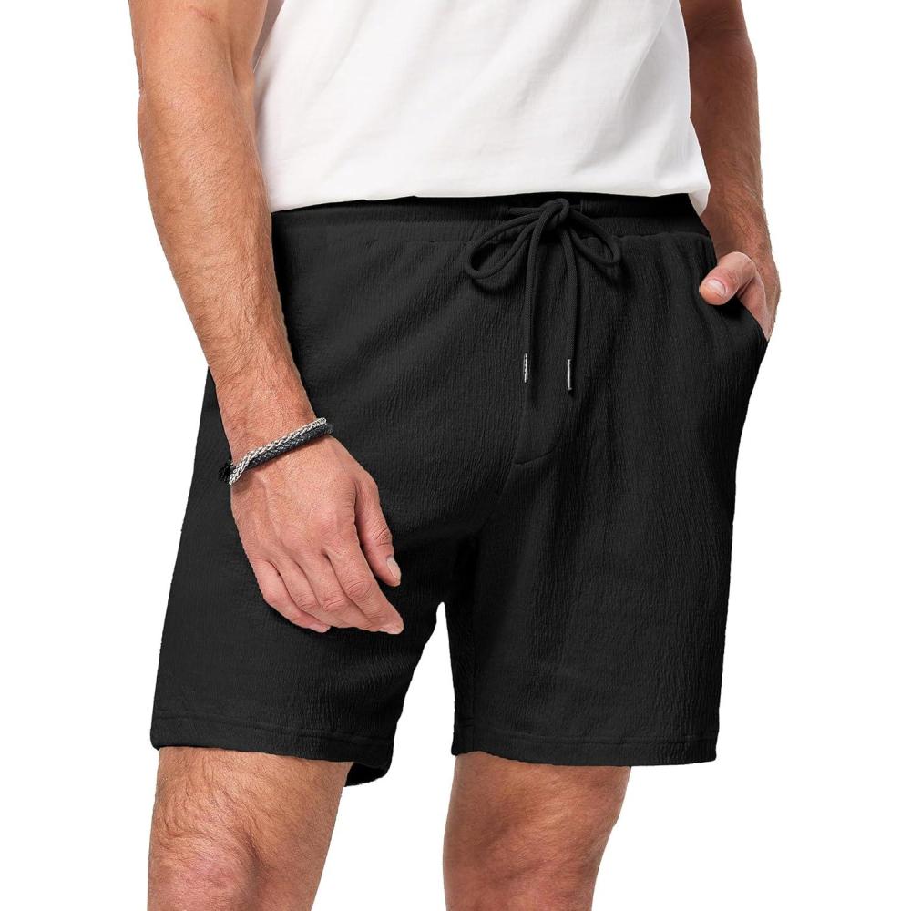 imageJMIERR Mens Casual 7quot Shorts Cotton Elastic Waist Drawstring Summer Texture Stretch Beach Shorts with PocketsBlack