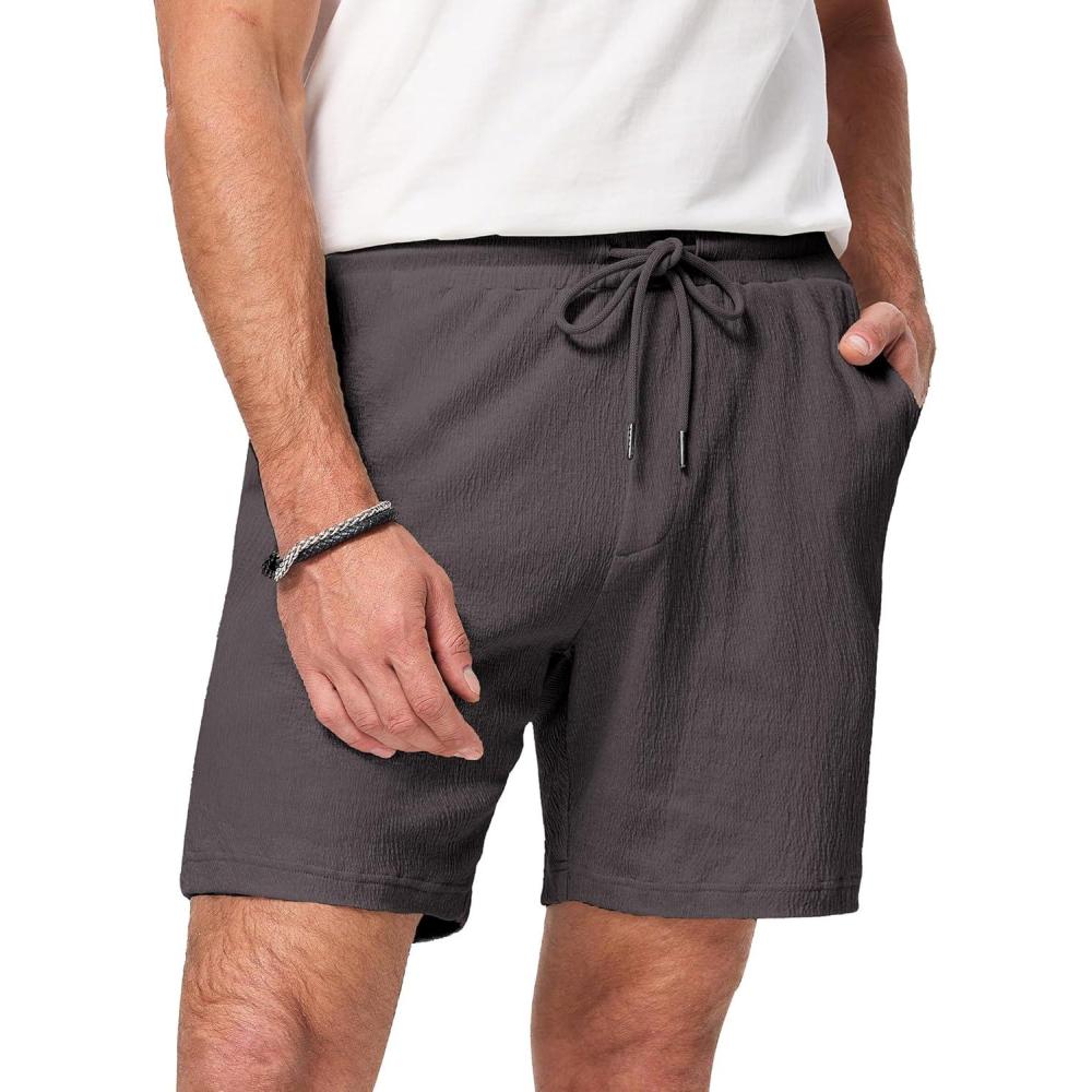 imageJMIERR Mens Casual 7quot Shorts Cotton Elastic Waist Drawstring Summer Texture Stretch Beach Shorts with PocketsBrown Grey