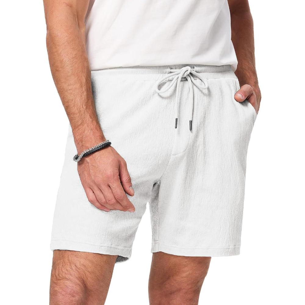 imageJMIERR Mens Casual 7quot Shorts Cotton Elastic Waist Drawstring Summer Texture Stretch Beach Shorts with PocketsWhite