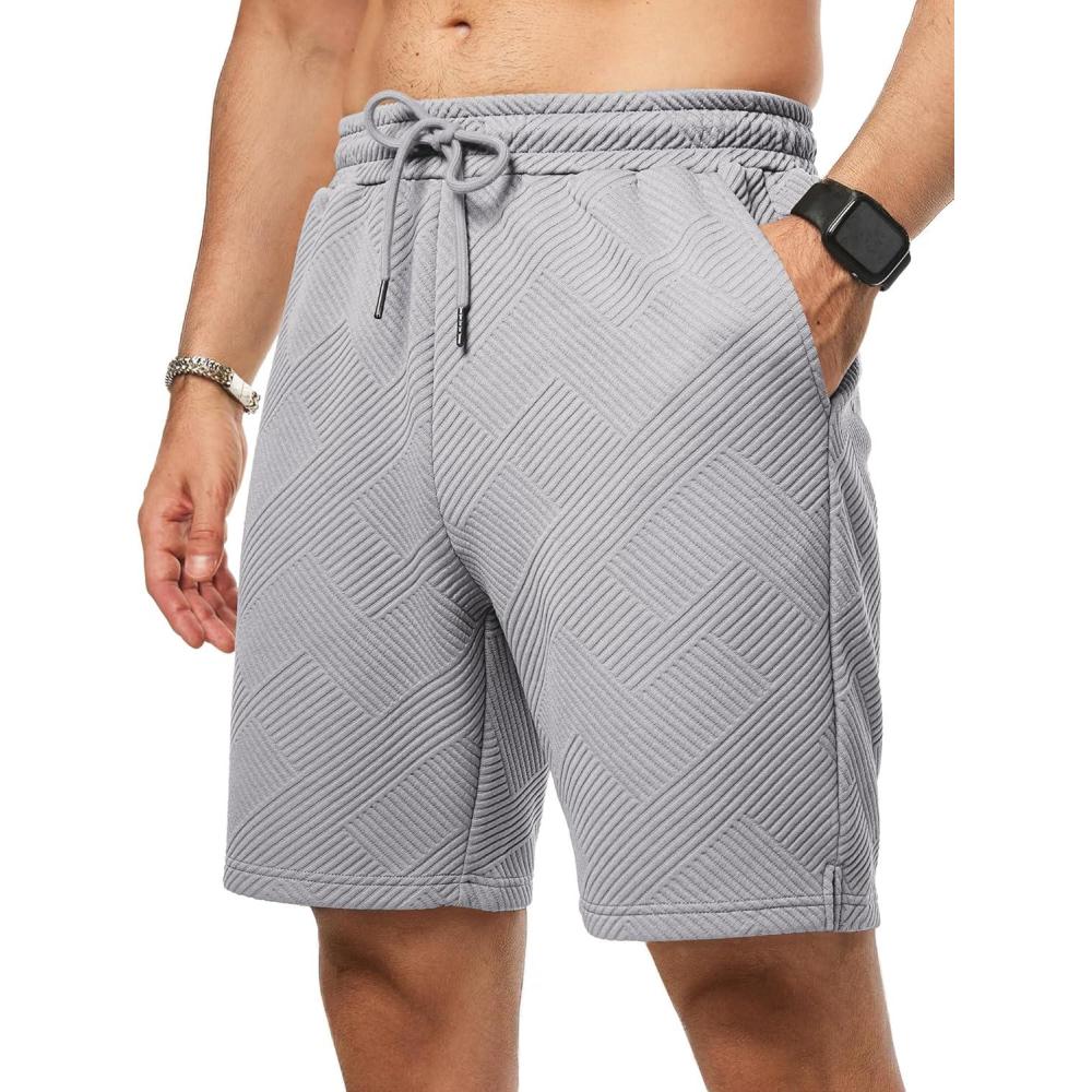 imageJMIERR Mens Casual 7quot Shorts Summer Drawstring Elastic Waist Beach Sweat Shorts Texture with PocketsGrey