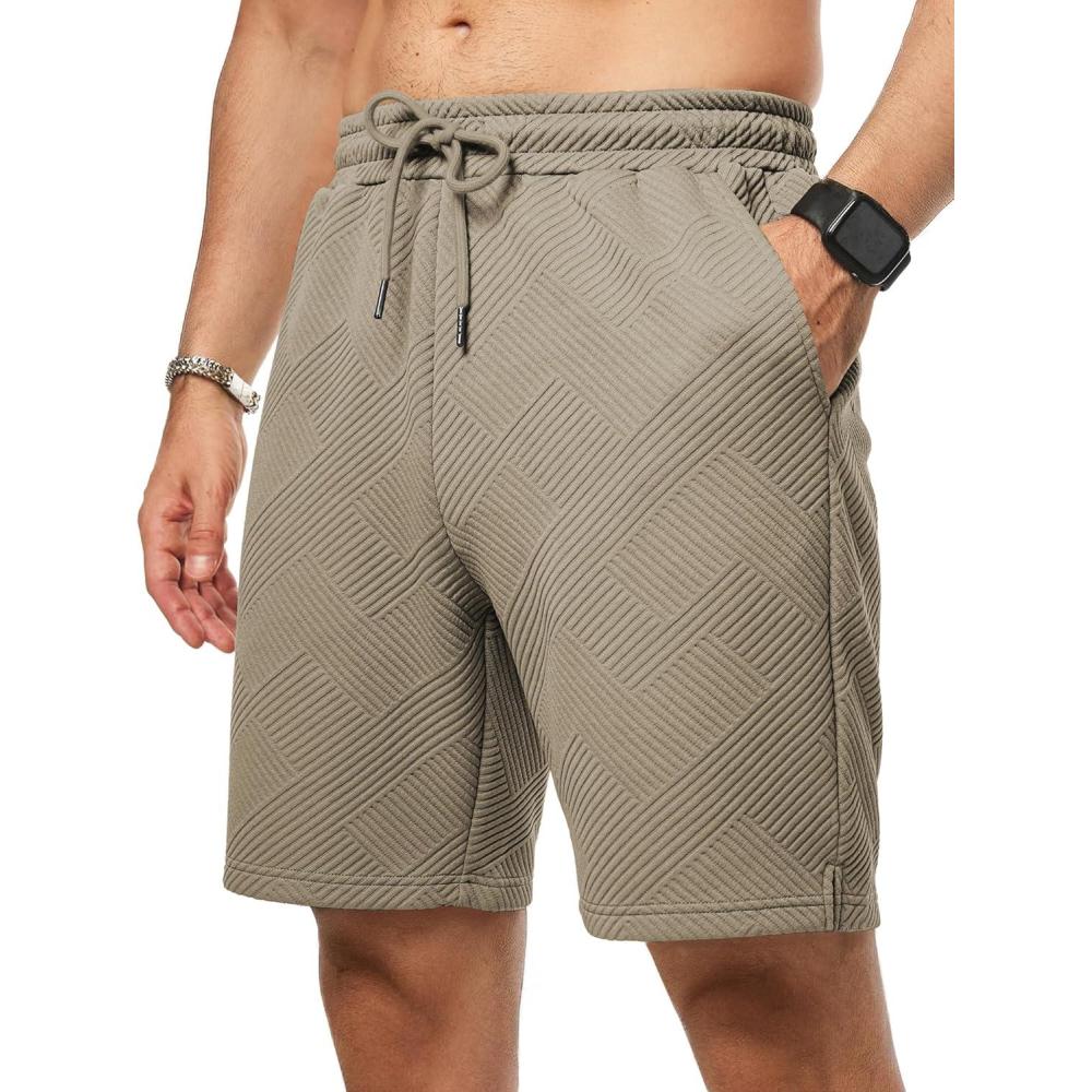 imageJMIERR Mens Casual 7quot Shorts Summer Drawstring Elastic Waist Beach Sweat Shorts Texture with PocketsKhaki