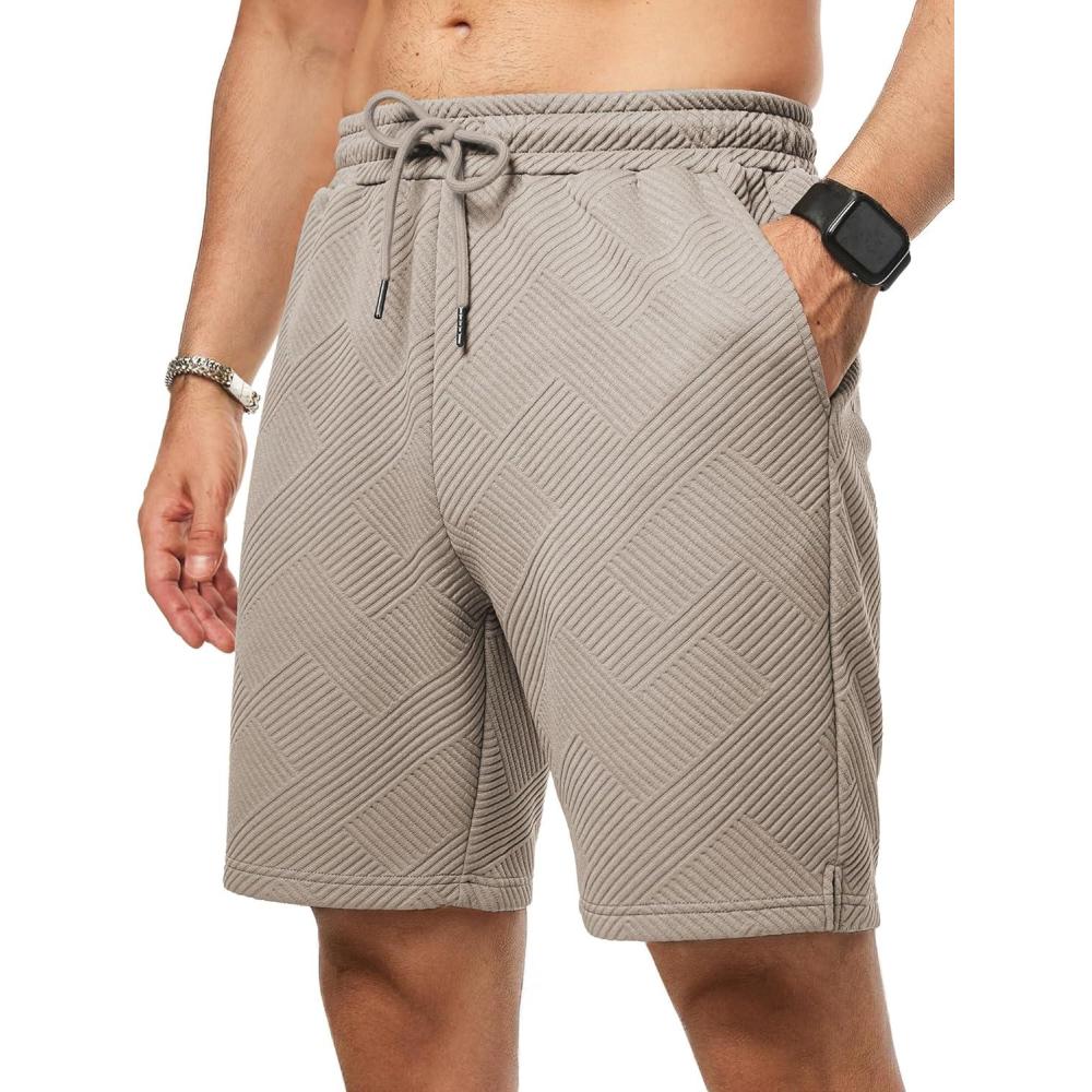 imageJMIERR Mens Casual 7quot Shorts Summer Drawstring Elastic Waist Beach Sweat Shorts Texture with PocketsLight Khaki