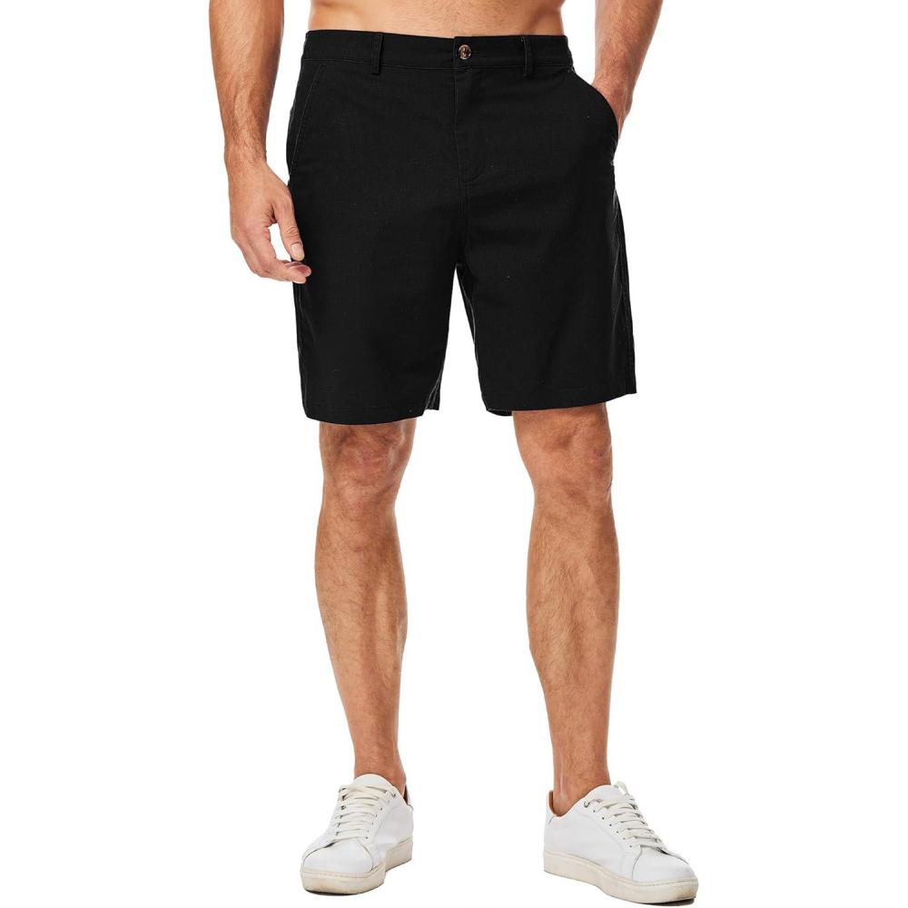 imageJMIERR Mens Casual 8quot Cotton Linen Shorts  Button Waist Summer Beach Shorts with PocketsBlack