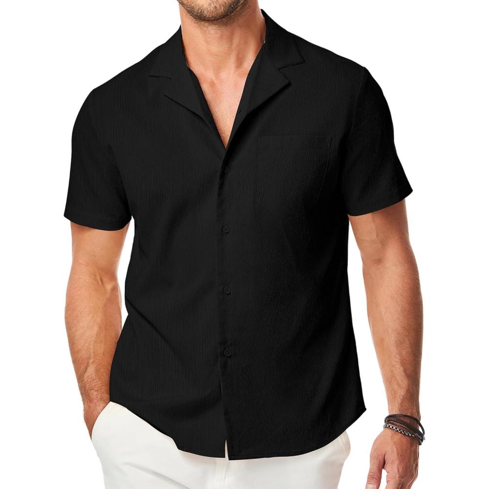 imageJMIERR Mens Casual Button Down Shirts Short Sleeve Textured Summer Beach Shirt Cuban Vacation Shirts with PocketBlack