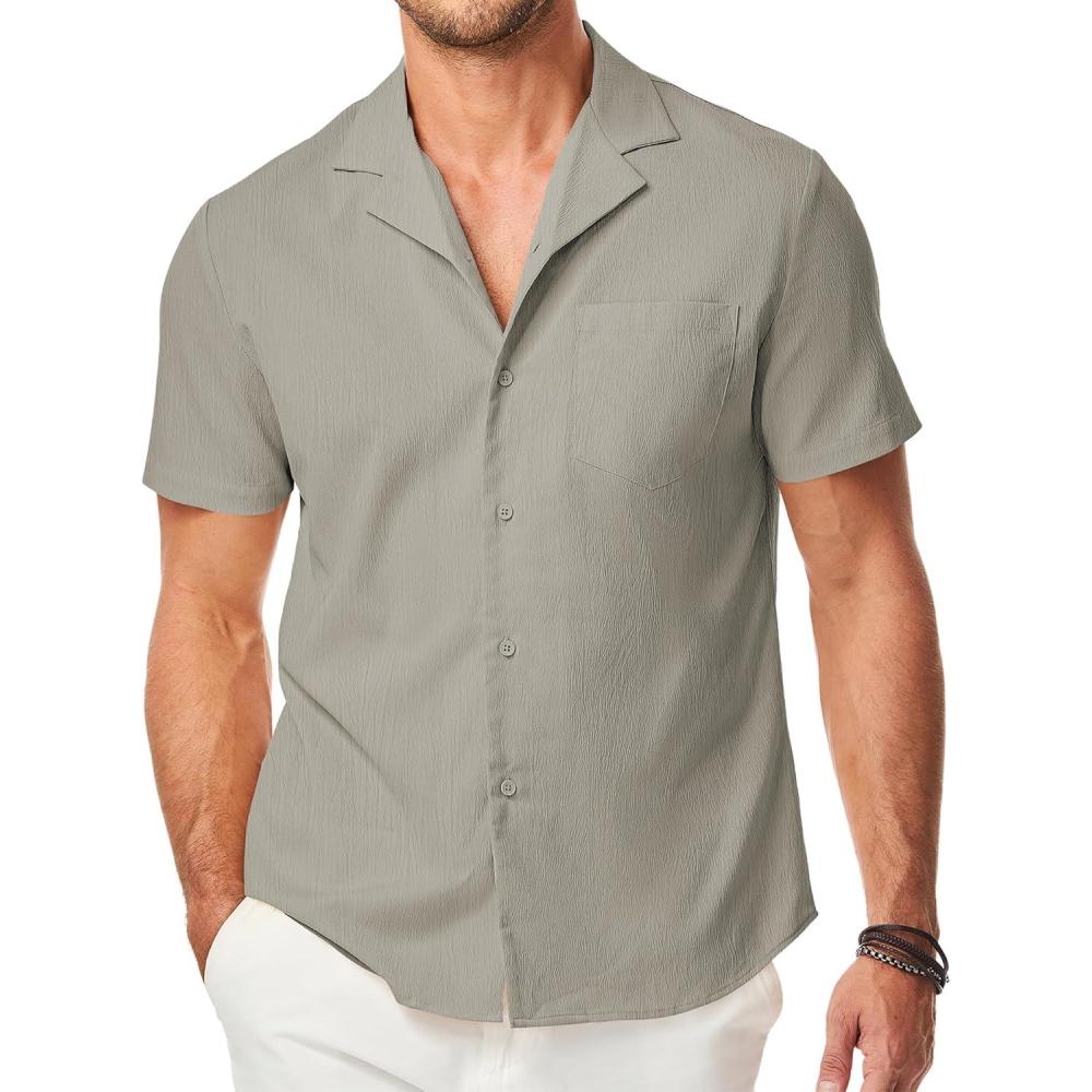 imageJMIERR Mens Casual Button Down Shirts Short Sleeve Textured Summer Beach Shirt Cuban Vacation Shirts with PocketGray