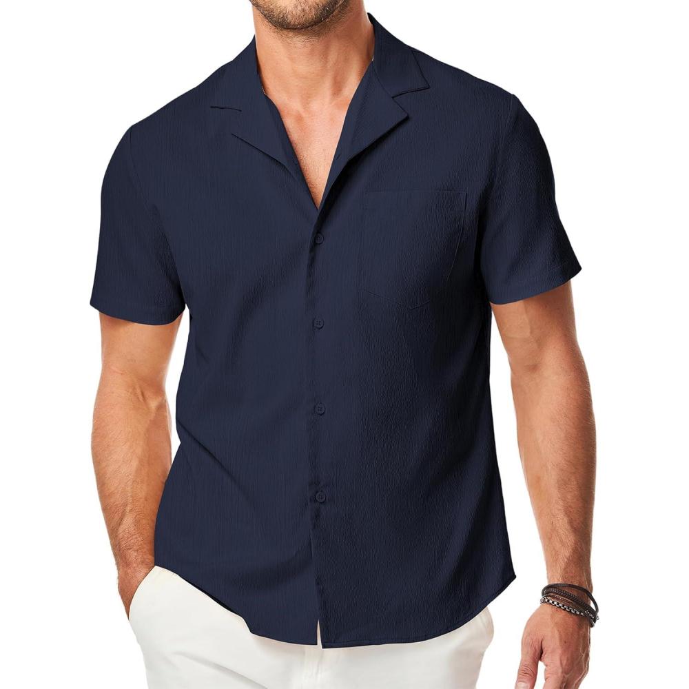 imageJMIERR Mens Casual Button Down Shirts Short Sleeve Textured Summer Beach Shirt Cuban Vacation Shirts with PocketNavy Blue