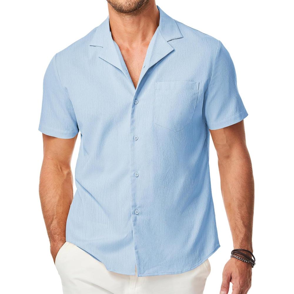 imageJMIERR Mens Casual Button Down Shirts Short Sleeve Textured Summer Beach Shirt Cuban Vacation Shirts with PocketSky Blue