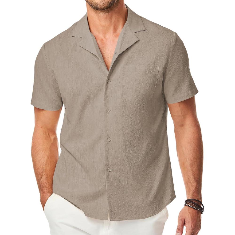 imageJMIERR Mens Casual Button Down Shirts Short Sleeve Textured Summer Beach Shirt Cuban Vacation Shirts with PocketSmoke Gray