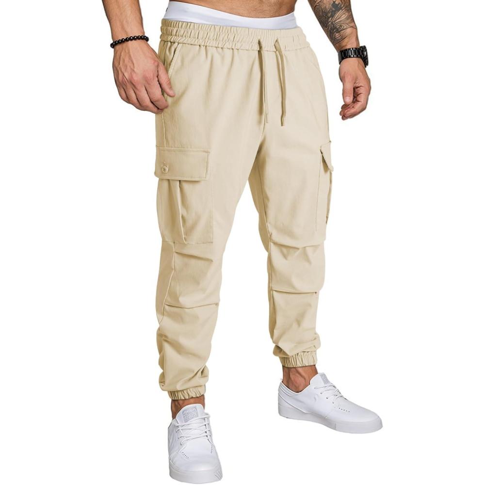 imageJMIERR Mens Casual Cargo Joggers Pants Elastic Waist Drawstring Stretch Relaxed Fit Work Pants Tapered SweatpantsApricot