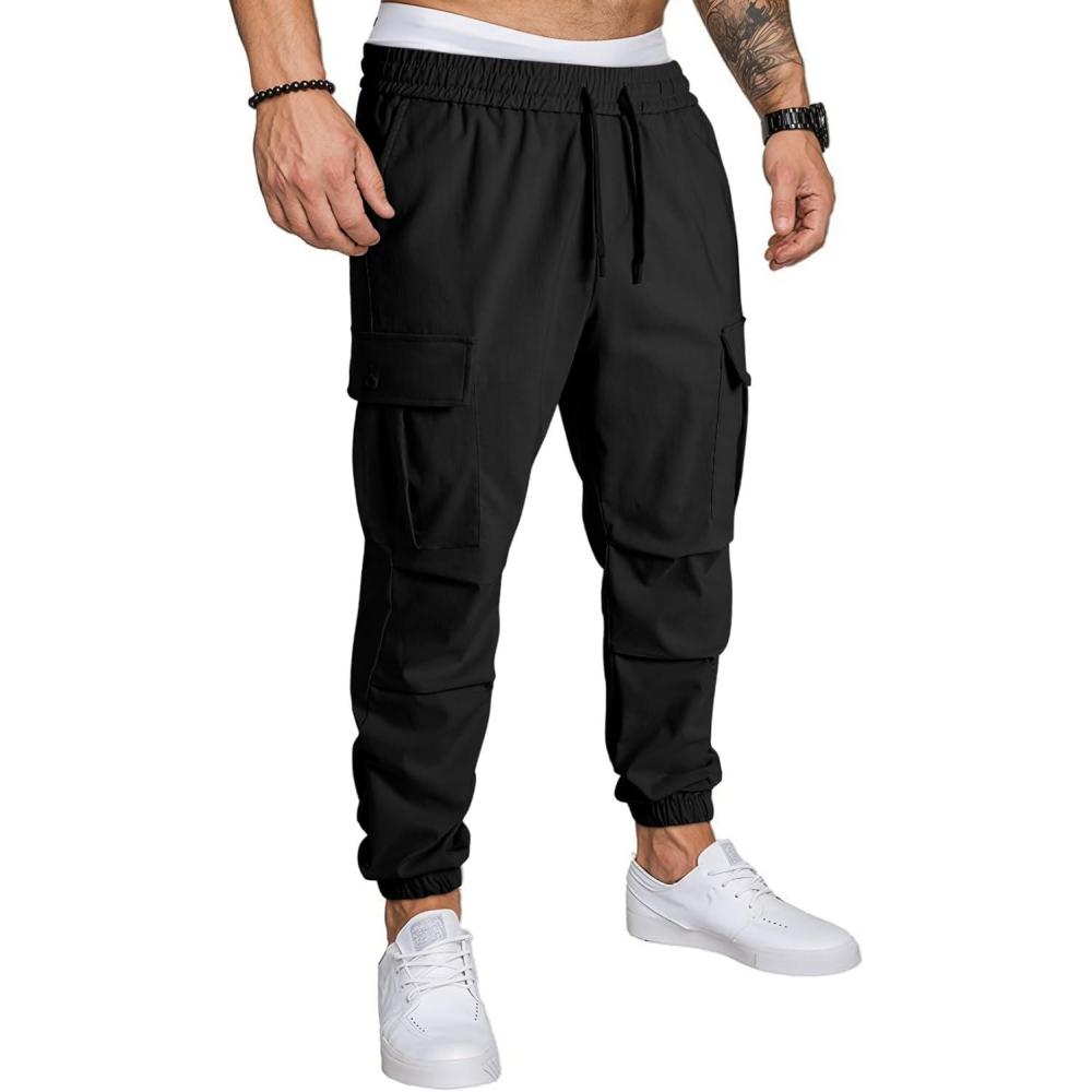 imageJMIERR Mens Casual Cargo Joggers Pants Elastic Waist Drawstring Stretch Relaxed Fit Work Pants Tapered SweatpantsBlack