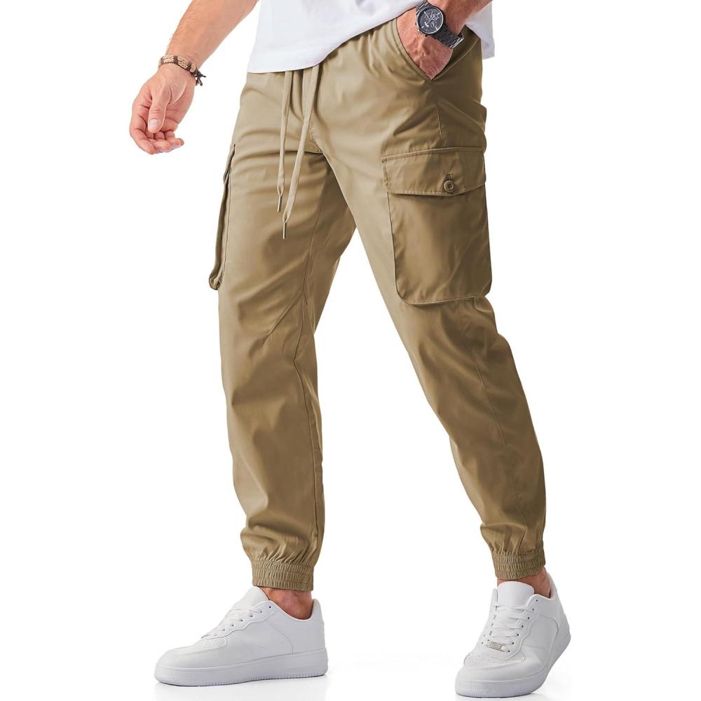 imageJMIERR Mens Casual Cargo Joggers Pants Stretch Elastic Waist Drawstring Tapered Sweatpants with PocketsCamel