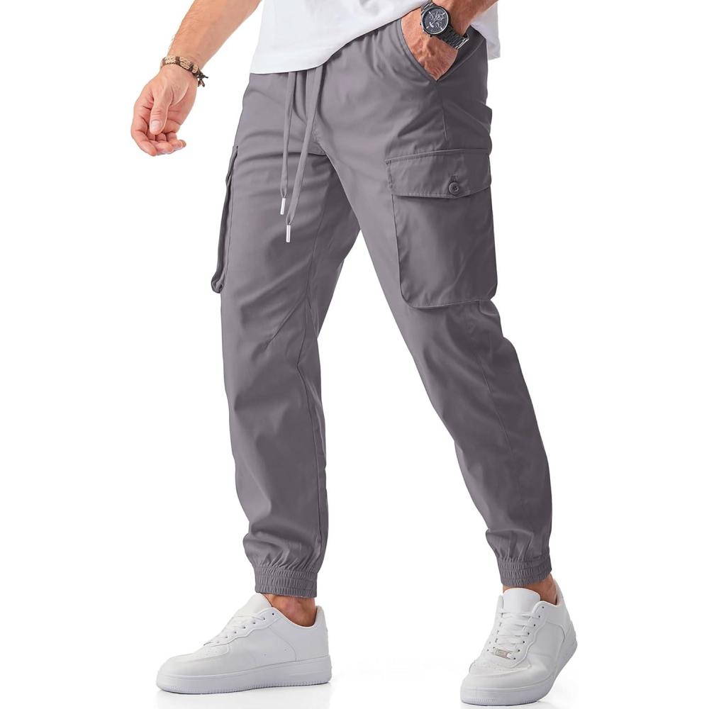 imageJMIERR Mens Casual Cargo Joggers Pants Stretch Elastic Waist Drawstring Tapered Sweatpants with PocketsDark Grey