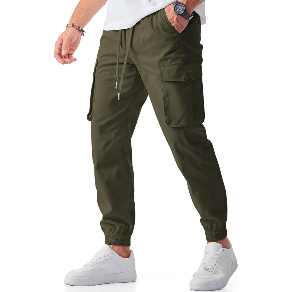 imageJMIERR Mens Casual Cargo Joggers Pants Stretch Elastic Waist Drawstring Tapered Sweatpants with PocketsMoss Green