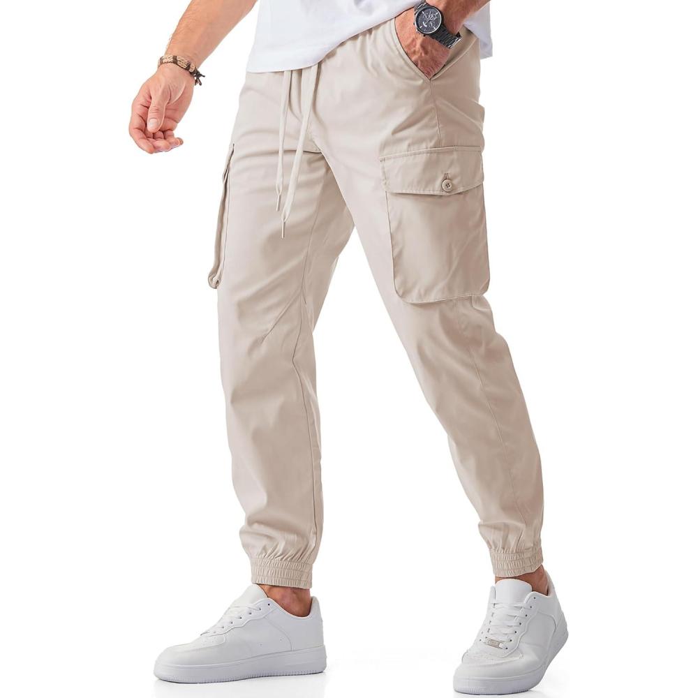 imageJMIERR Mens Casual Cargo Joggers Pants Stretch Elastic Waist Drawstring Tapered Sweatpants with PocketsParchment