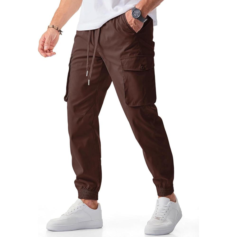imageJMIERR Mens Casual Cargo Joggers Pants Stretch Elastic Waist Drawstring Tapered Sweatpants with PocketsY Coffee