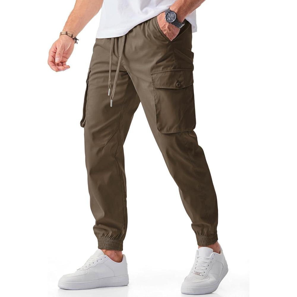 imageJMIERR Mens Casual Cargo Joggers Pants Stretch Elastic Waist Drawstring Tapered Sweatpants with PocketsY Taupe Brown