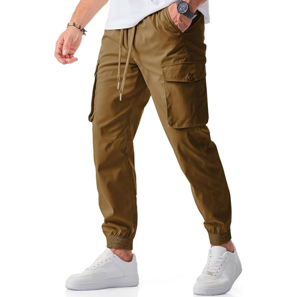 imageJMIERR Mens Casual Cargo Joggers Pants Stretch Elastic Waist Drawstring Tapered Sweatpants with PocketsZ Brown