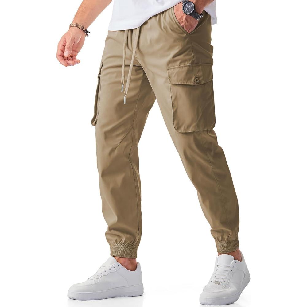 imageJMIERR Mens Casual Cargo Joggers Pants Stretch Elastic Waist Drawstring Tapered Sweatpants with PocketsZ Khaki