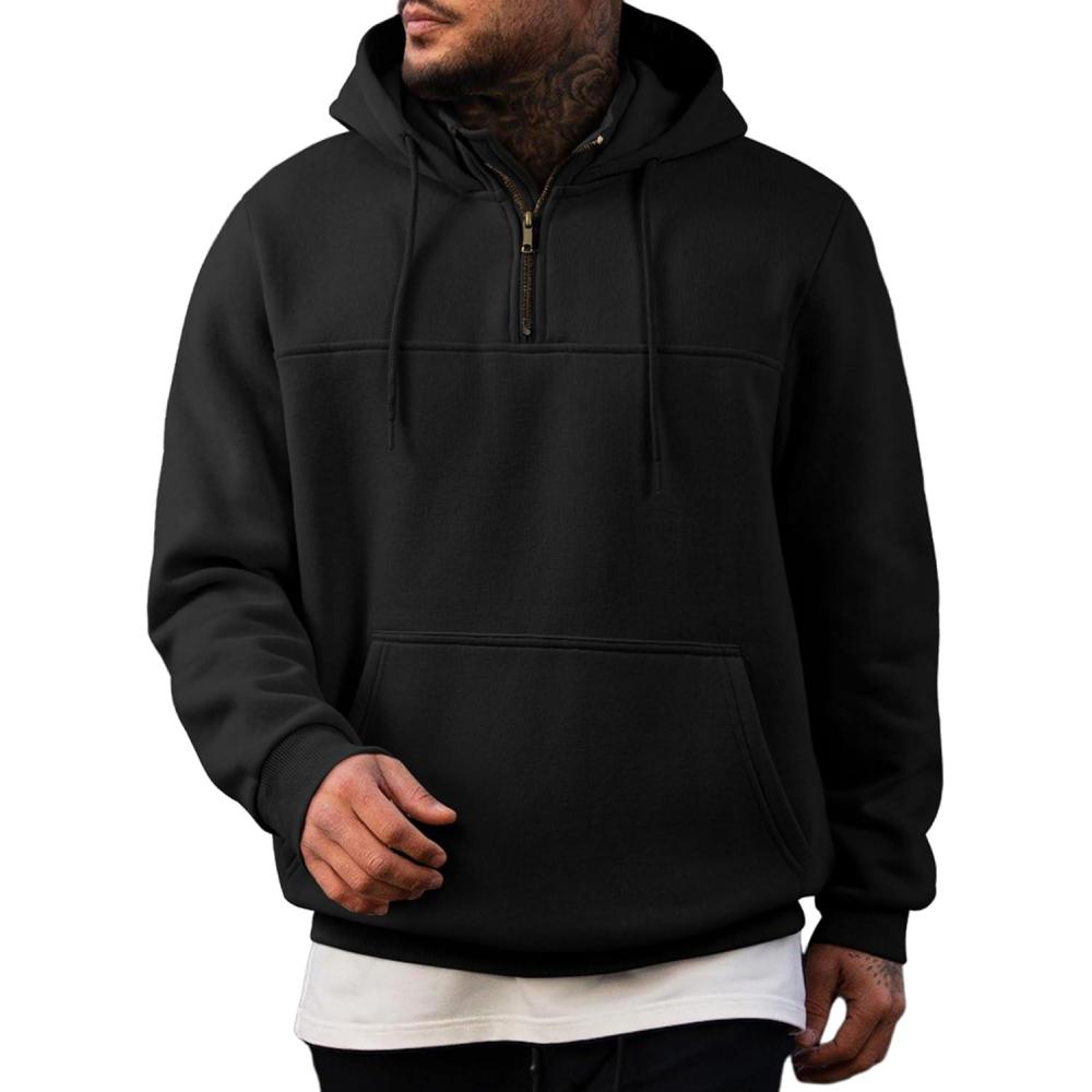 imageJMIERR Mens Casual Cotton Hoodies Drawstring Quarter Zip Pullover Sweatshirts00 Black