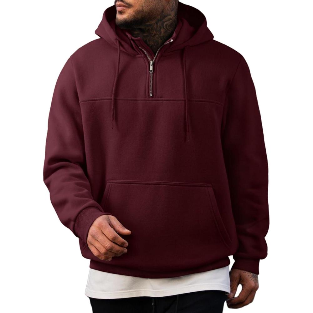 imageJMIERR Mens Casual Cotton Hoodies Drawstring Quarter Zip Pullover Sweatshirts06 Wine Red