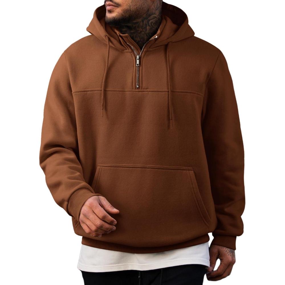 imageJMIERR Mens Casual Cotton Hoodies Drawstring Quarter Zip Pullover Sweatshirts08 Brown