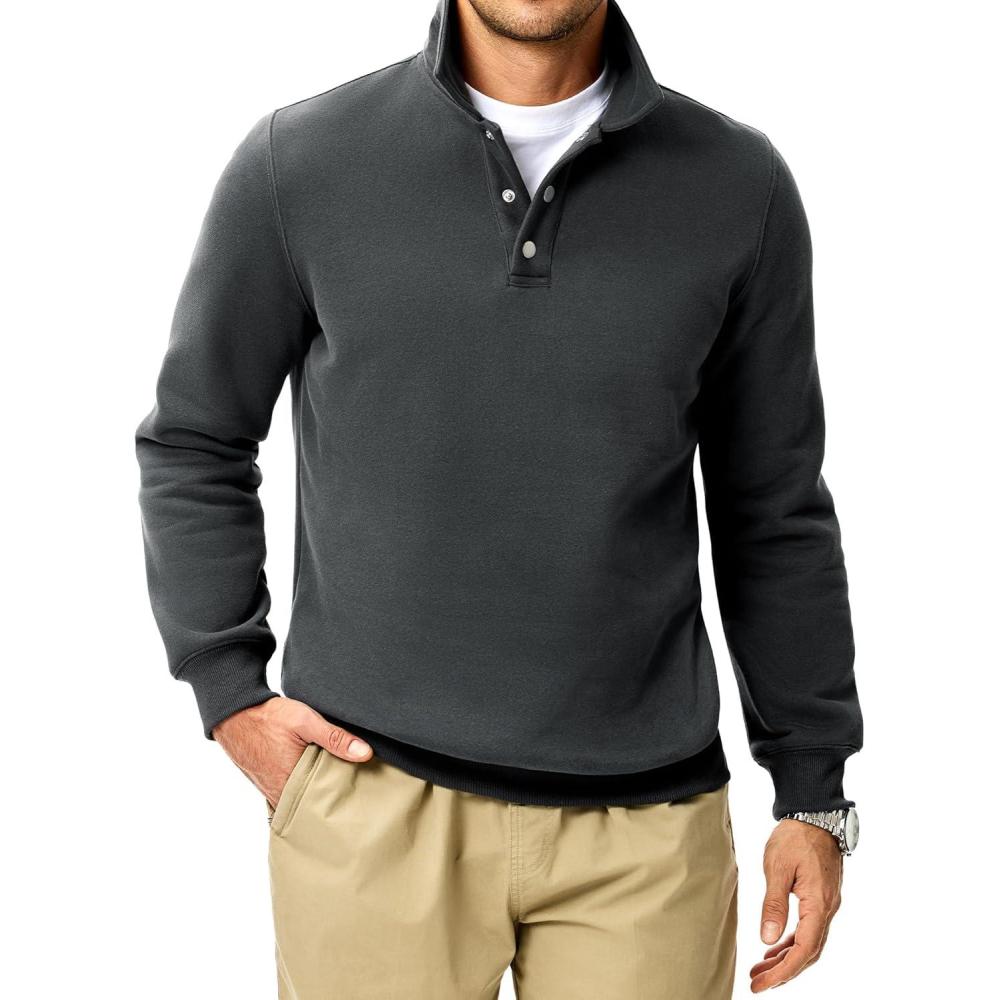 imageJMIERR Mens Casual Cotton Polo Sweatshirts Long Sleeve Button Collared Pullover ShirtsDark Grey