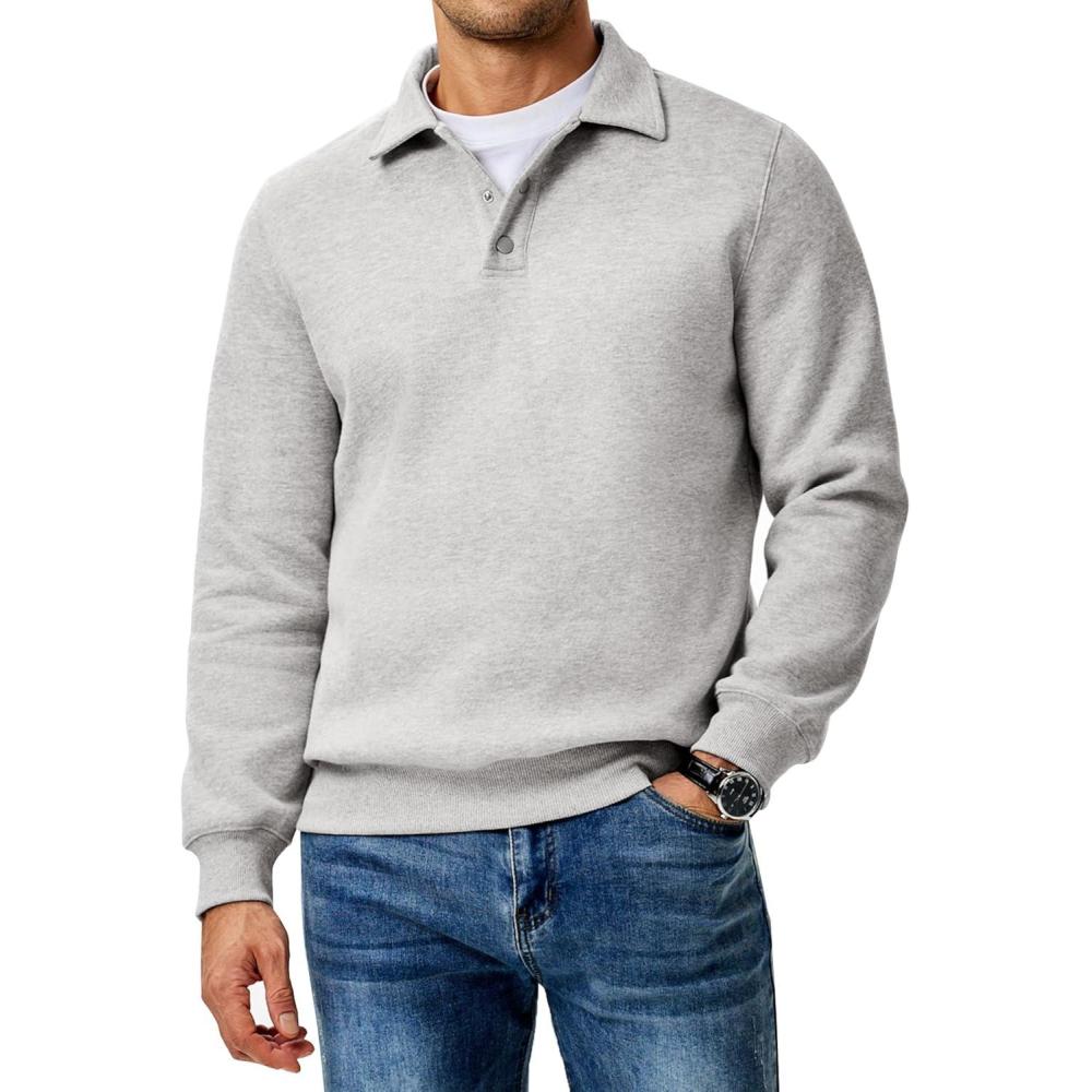 imageJMIERR Mens Casual Cotton Polo Sweatshirts Long Sleeve Button Collared Pullover ShirtsLight Grey