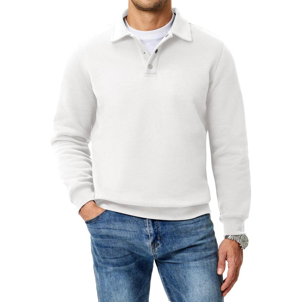 imageJMIERR Mens Casual Cotton Polo Sweatshirts Long Sleeve Button Collared Pullover ShirtsWhite