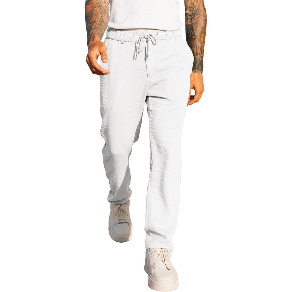 imageJMIERR Mens Casual Drawstring Pants Elastic Waist Lightweight Pant Summer Beach Trouser with PocketsA White