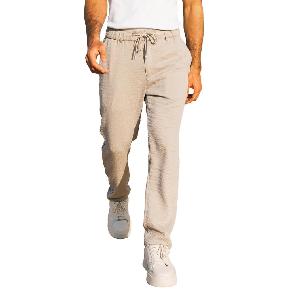 imageJMIERR Mens Casual Drawstring Pants Elastic Waist Lightweight Pant Summer Beach Trouser with PocketsB Apricot