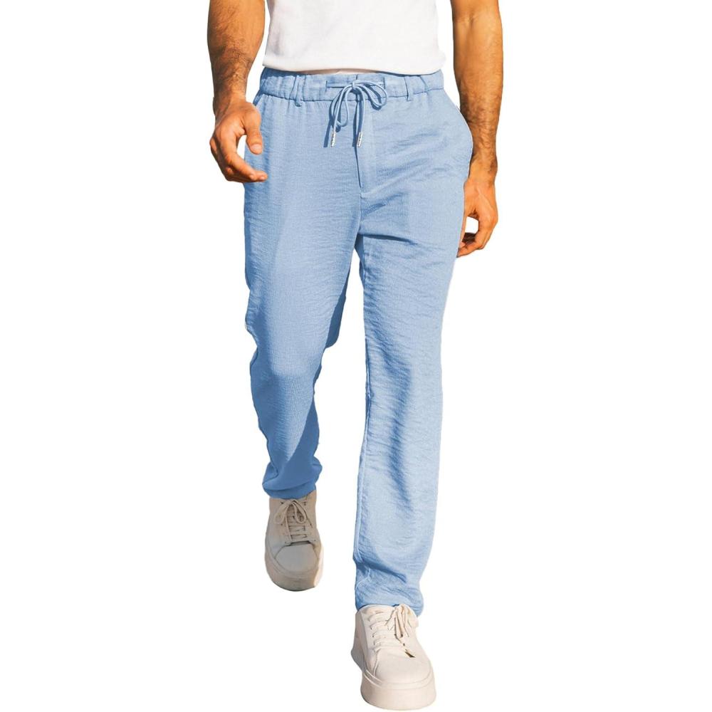 imageJMIERR Mens Casual Drawstring Pants Elastic Waist Lightweight Pant Summer Beach Trouser with PocketsBeau Blue