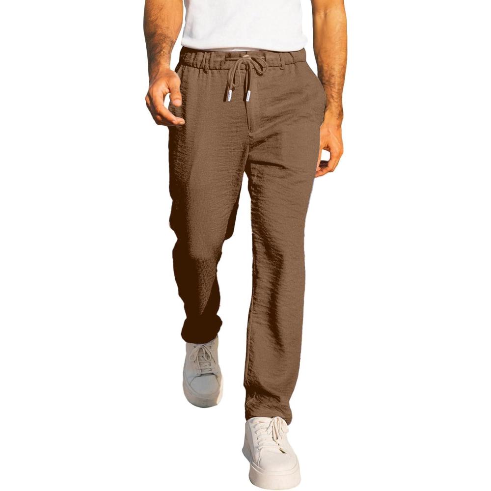 imageJMIERR Mens Casual Drawstring Pants Elastic Waist Lightweight Pant Summer Beach Trouser with PocketsBrown