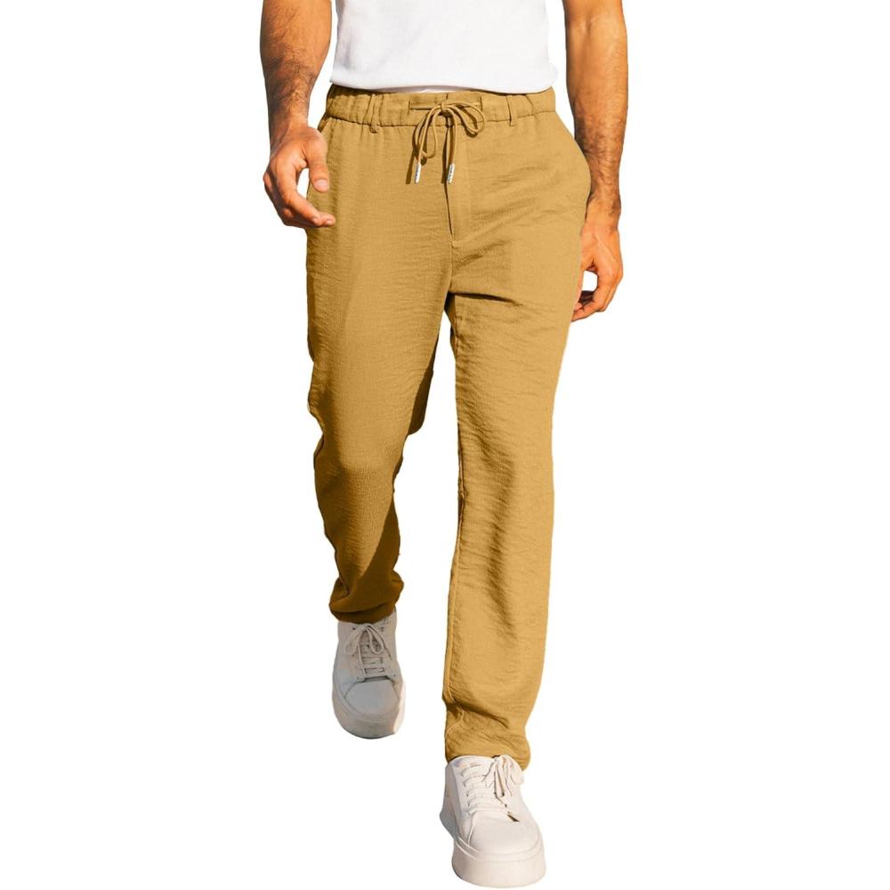 imageJMIERR Mens Casual Drawstring Pants Elastic Waist Lightweight Pant Summer Beach Trouser with PocketsLight Yellow