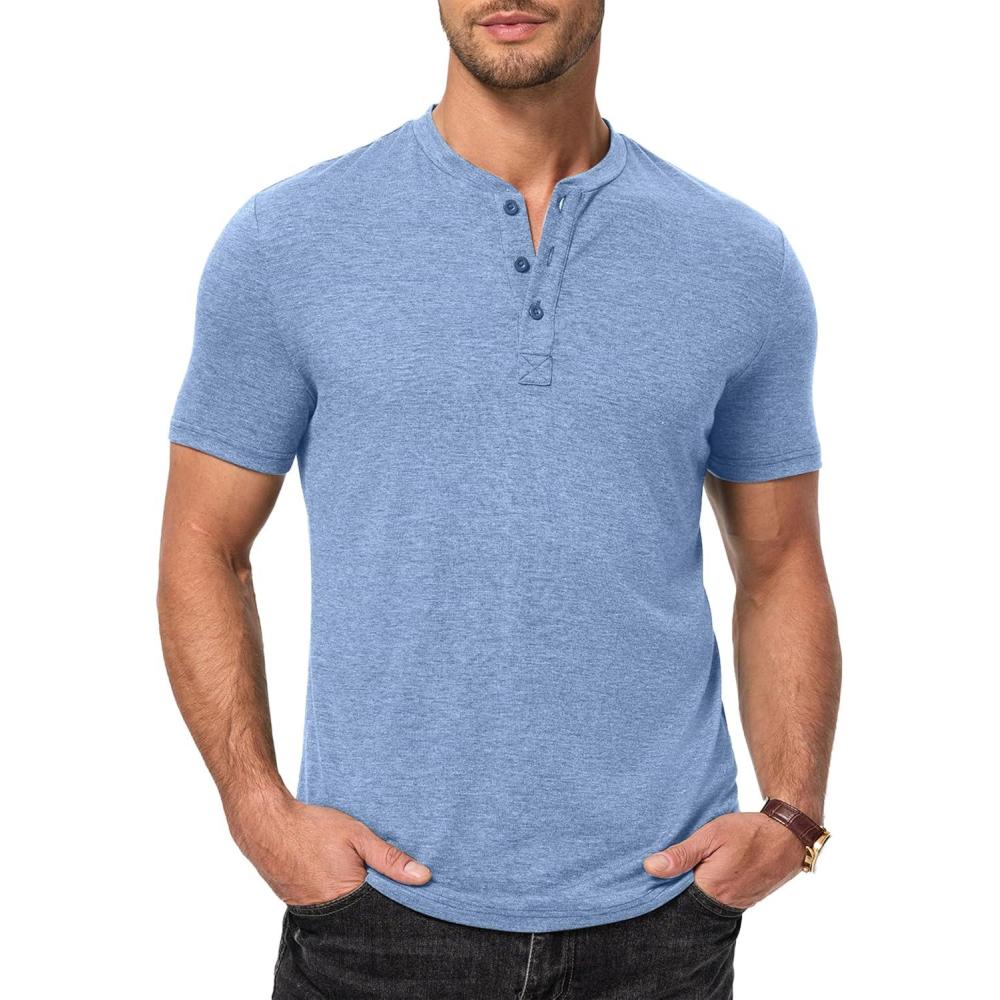 imageJMIERR Mens Casual Henley Shirts Short Sleeve Basic Button Muscle Longline TShirt Gym Workout Athletic Tee01 Blue