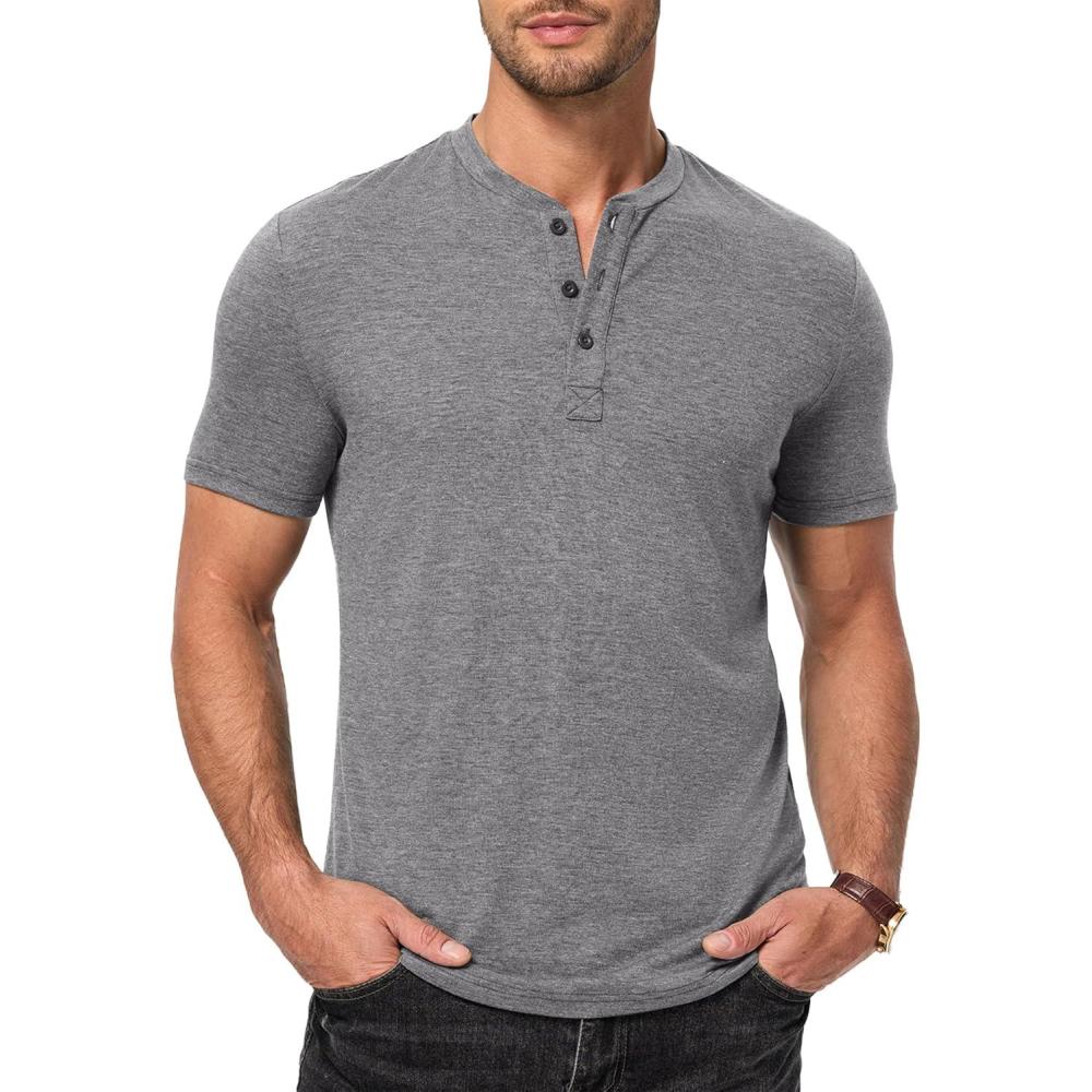 imageJMIERR Mens Casual Henley Shirts Short Sleeve Basic Button Muscle Longline TShirt Gym Workout Athletic TeeGrey
