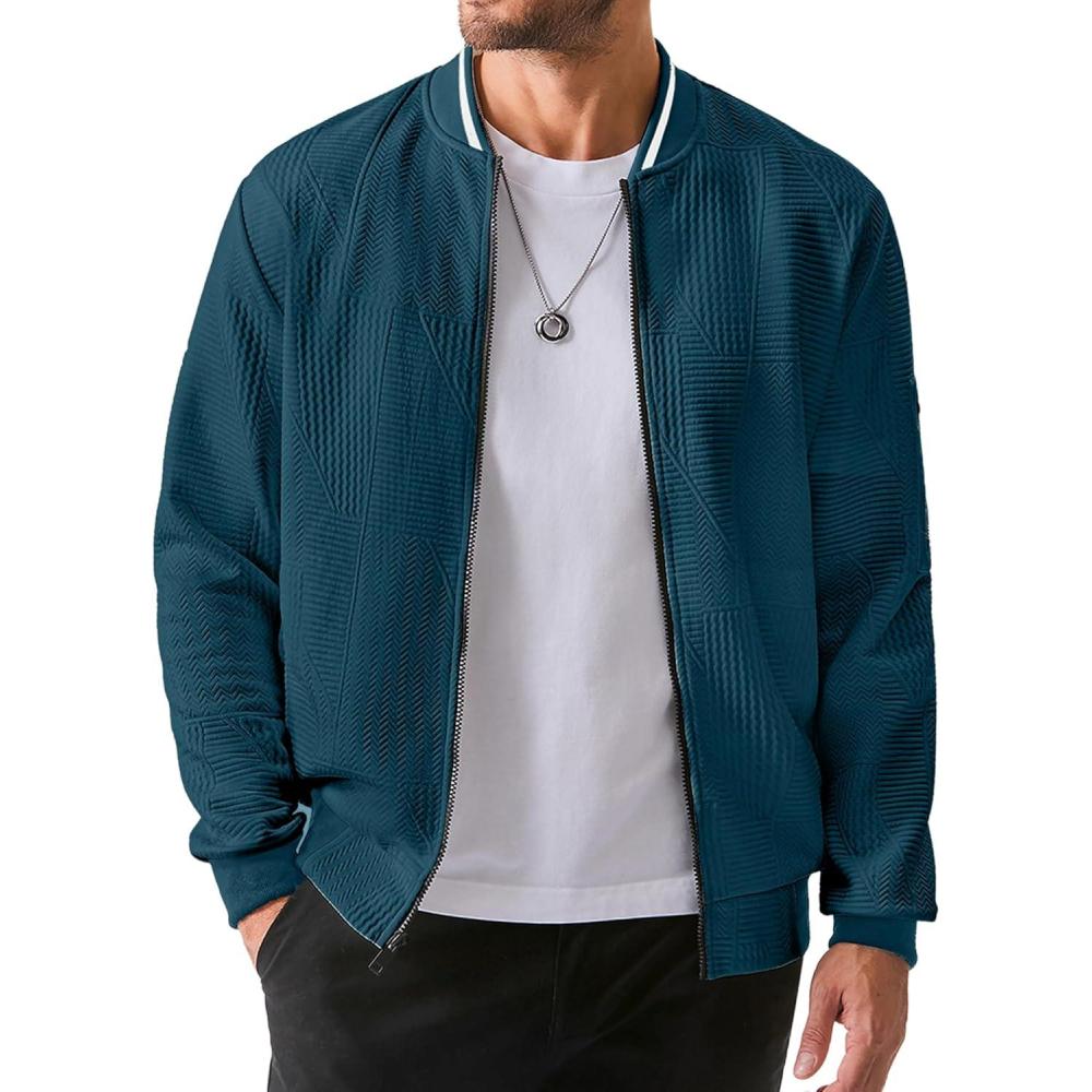 imageJMIERR Mens Casual Jacquard Bomber Jackets ColorBlock Lightweight Varsity Jacket Fashion Zipper Coat with PocketsBlue Sapphire