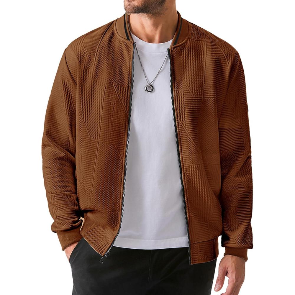 imageJMIERR Mens Casual Jacquard Bomber Jackets ColorBlock Lightweight Varsity Jacket Fashion Zipper Coat with PocketsChestnut