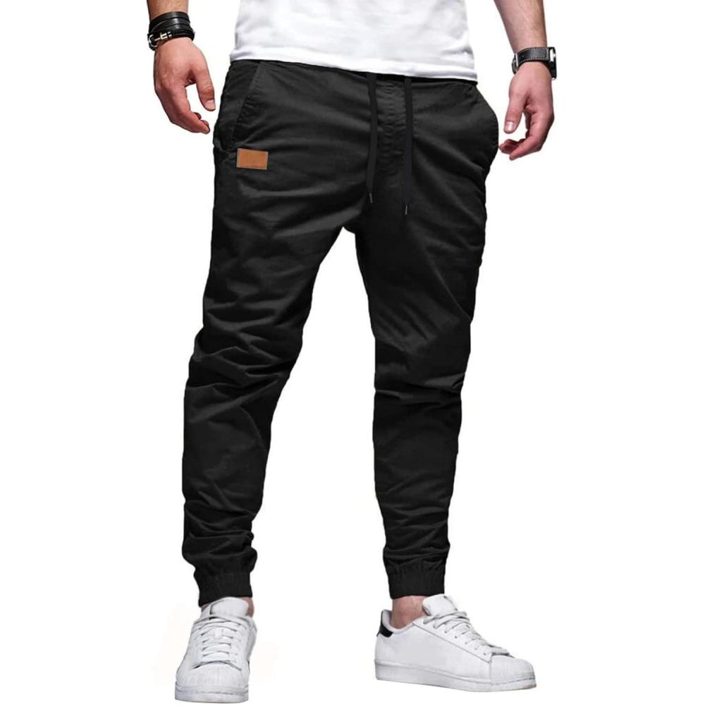 imageJMIERR Mens Casual Joggers Pants  Cotton Drawstring Chino Cargo Pants Hiking Outdoor Twill Track Jogging Sweatpants PantsBlack